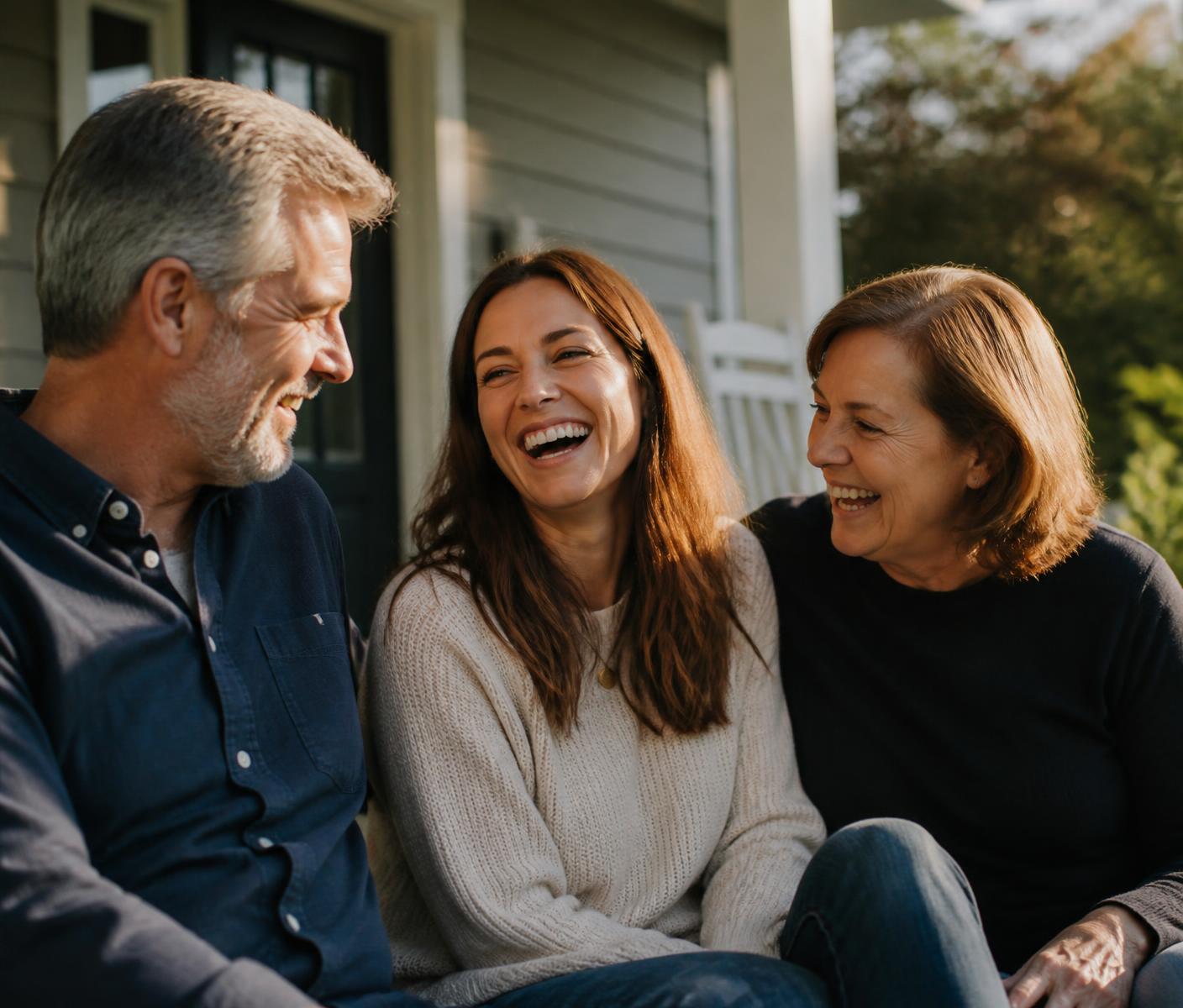 Parents and their daughter smiling together on their front porch